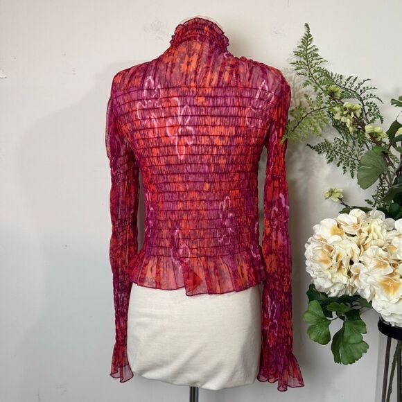 Free People Hello There sheer ruched mock-neck top red orange mesh | medium - Picture 8 of 13